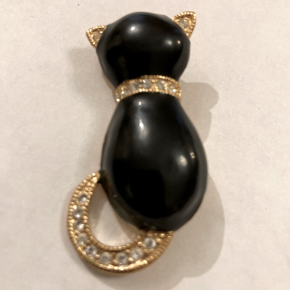 Vintage Rhinestone Cat Brooch Signed Roman